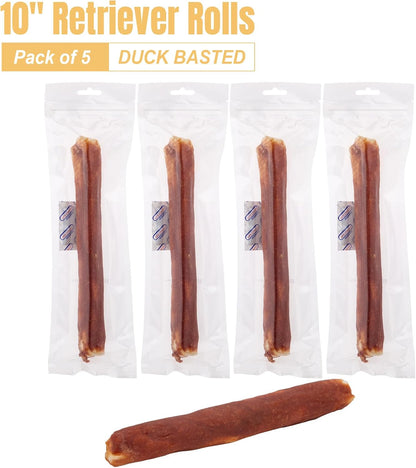 Amzey Collagen Treats for Dogs, 10" Rawhide Retriever Rolls Dog Chews Treats, Duck Wrapped Rawhide Bones Long-Lasting for Large Dogs 50lbs Up, All Natural Duck Basted Dog Rawhide Chews, 5 Count - Image 9