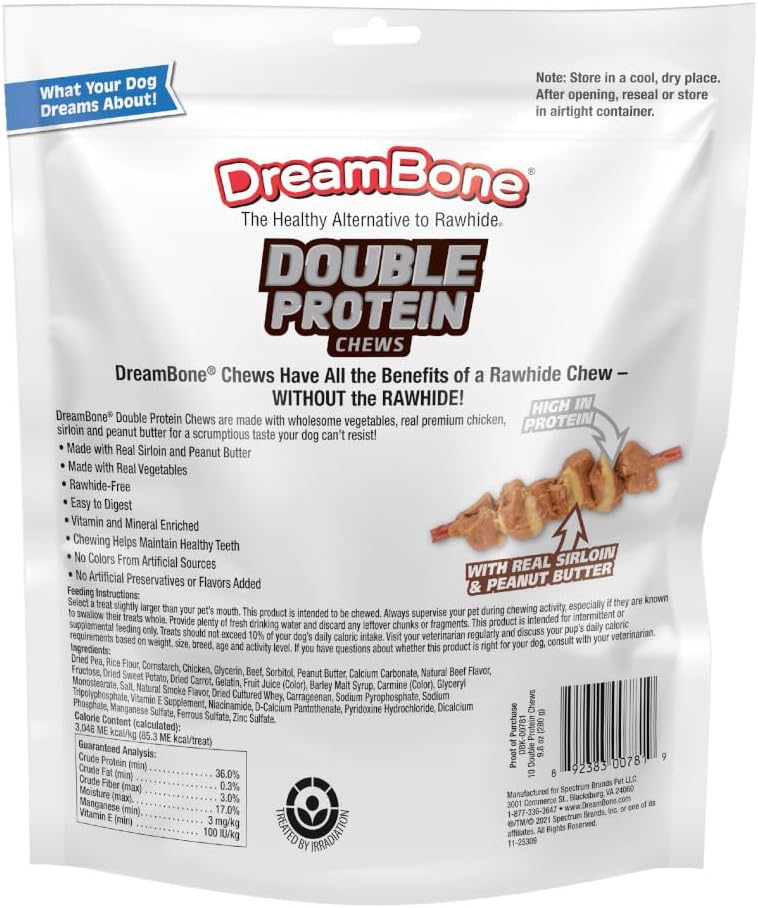 DreamBone dog treats showing real chicken and sirloin ingredients
