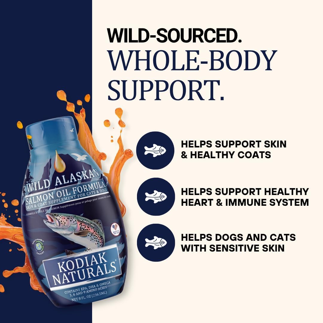 Back label of Kodiak Naturals wild caught salmon and pollock oil showing daily dosage guidelines for pets.