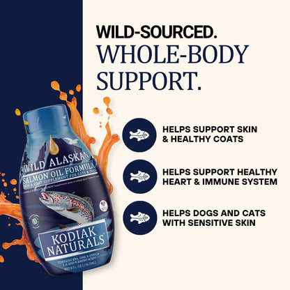 Back label of Kodiak Naturals wild caught salmon and pollock oil showing daily dosage guidelines for pets.