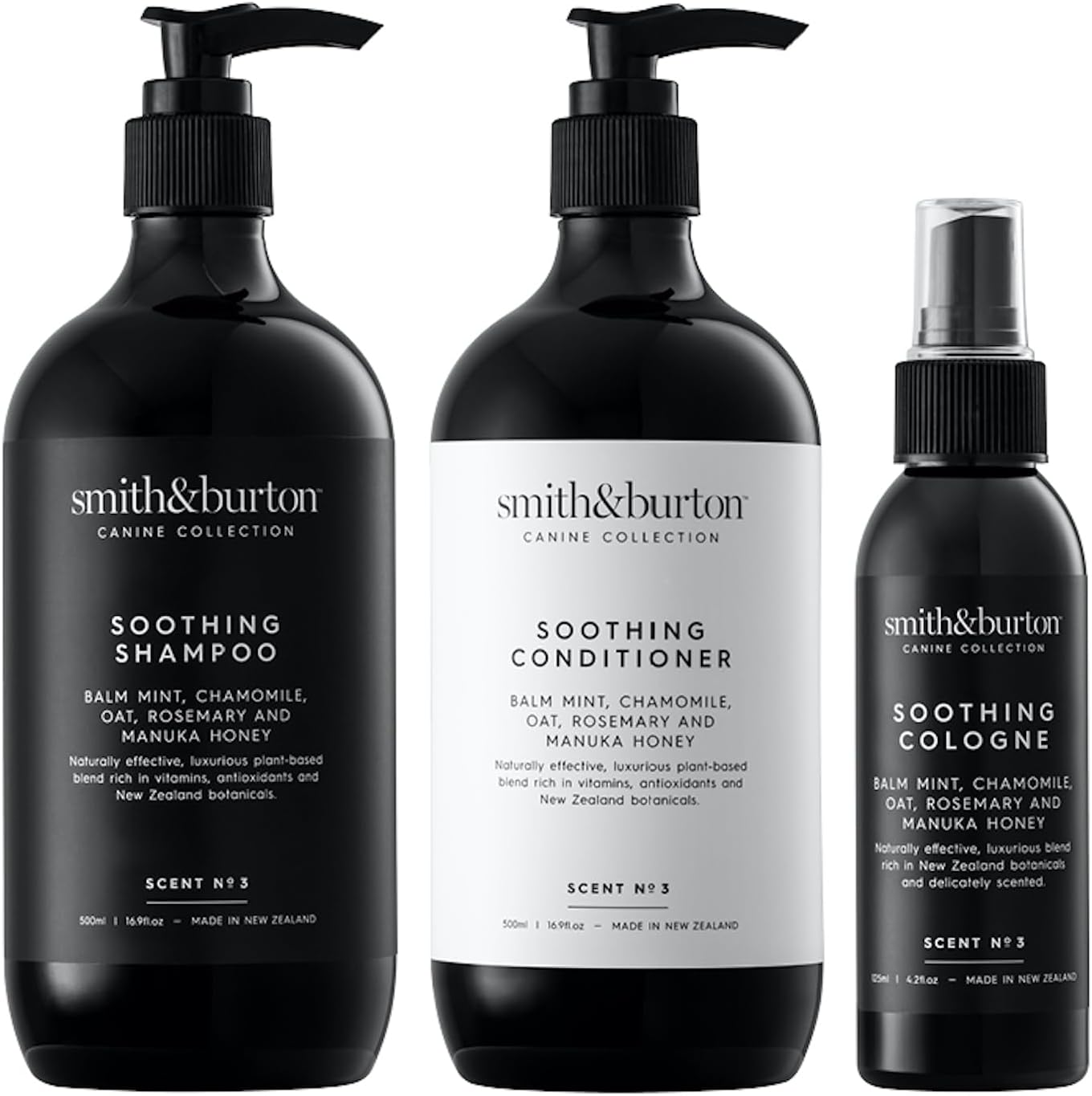 Smith & Burton Soothing Lustre Set packaging front view showing shampoo conditioner and cologne bottles.