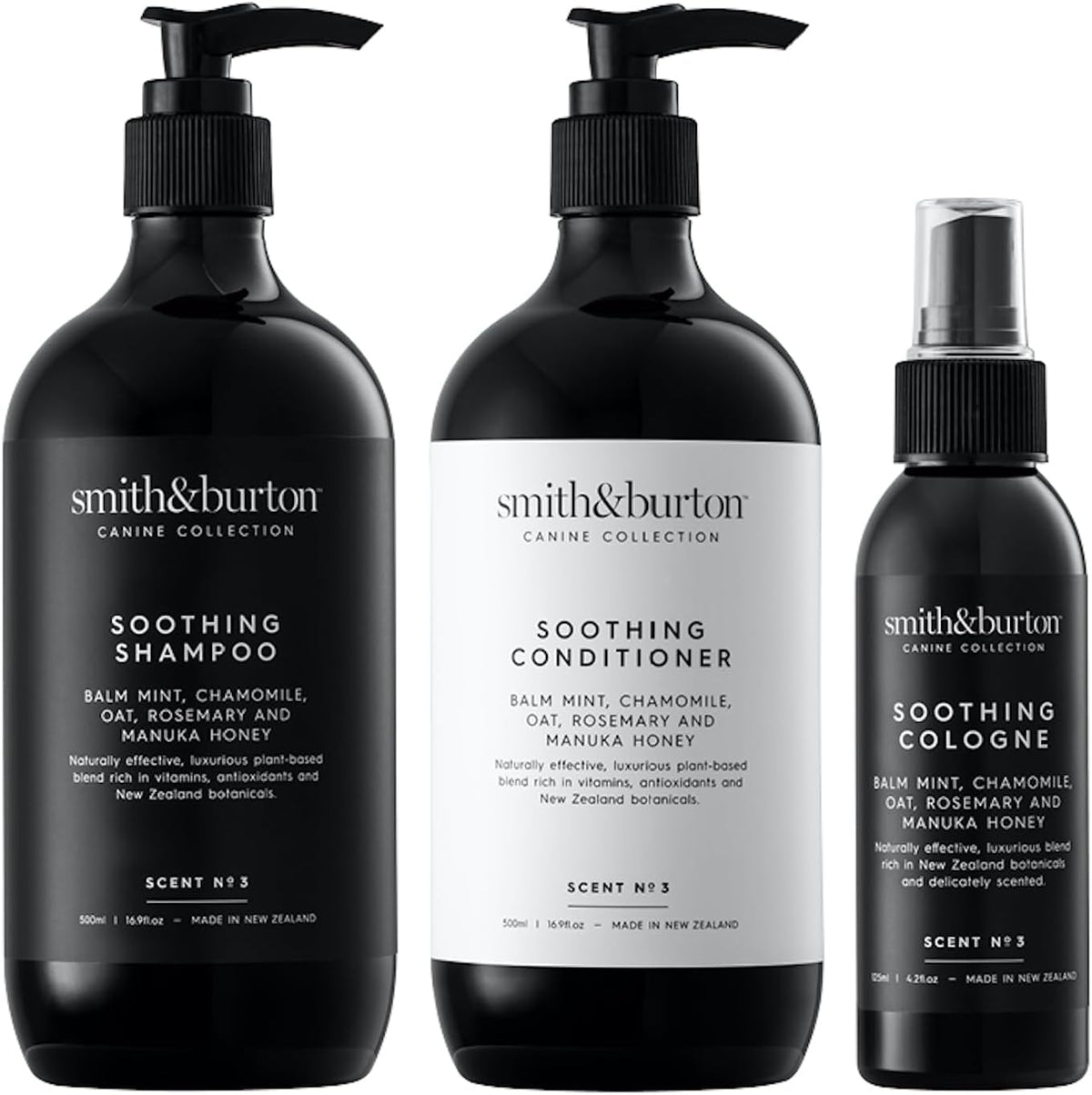 Smith & Burton Soothing Lustre Set packaging front view showing shampoo conditioner and cologne bottles.