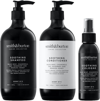 Smith & Burton Soothing Lustre Set packaging front view showing shampoo conditioner and cologne bottles.