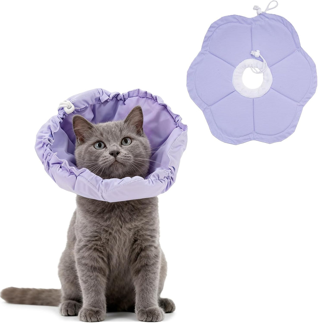 Tensho soft flower cat cone front view purple adjustable recovery collar