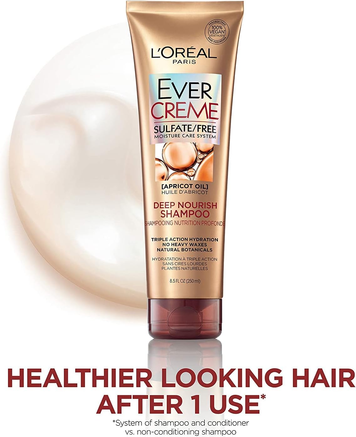 Side profile of the imported L'Oreal Paris EverCreme shampoo bottle emphasizing the fluid ounce size.