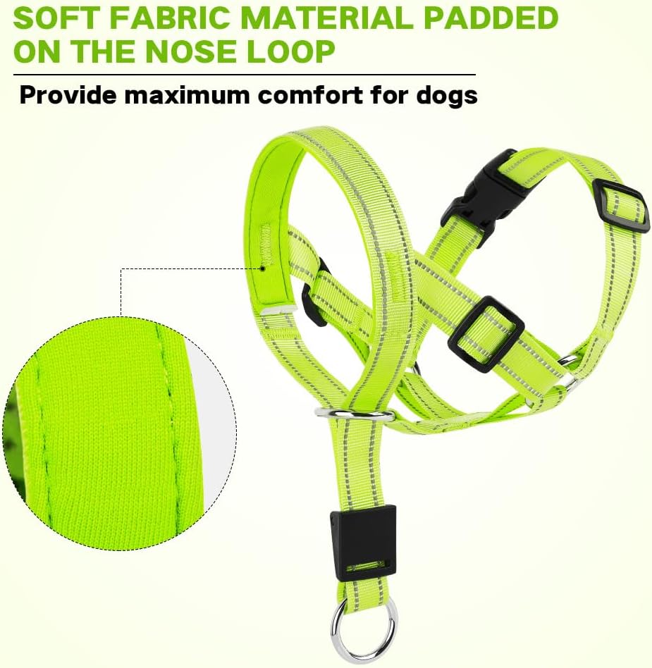 Candofly reflective dog headcollar showing the quick release buckle and adjustable plastic neck clip.