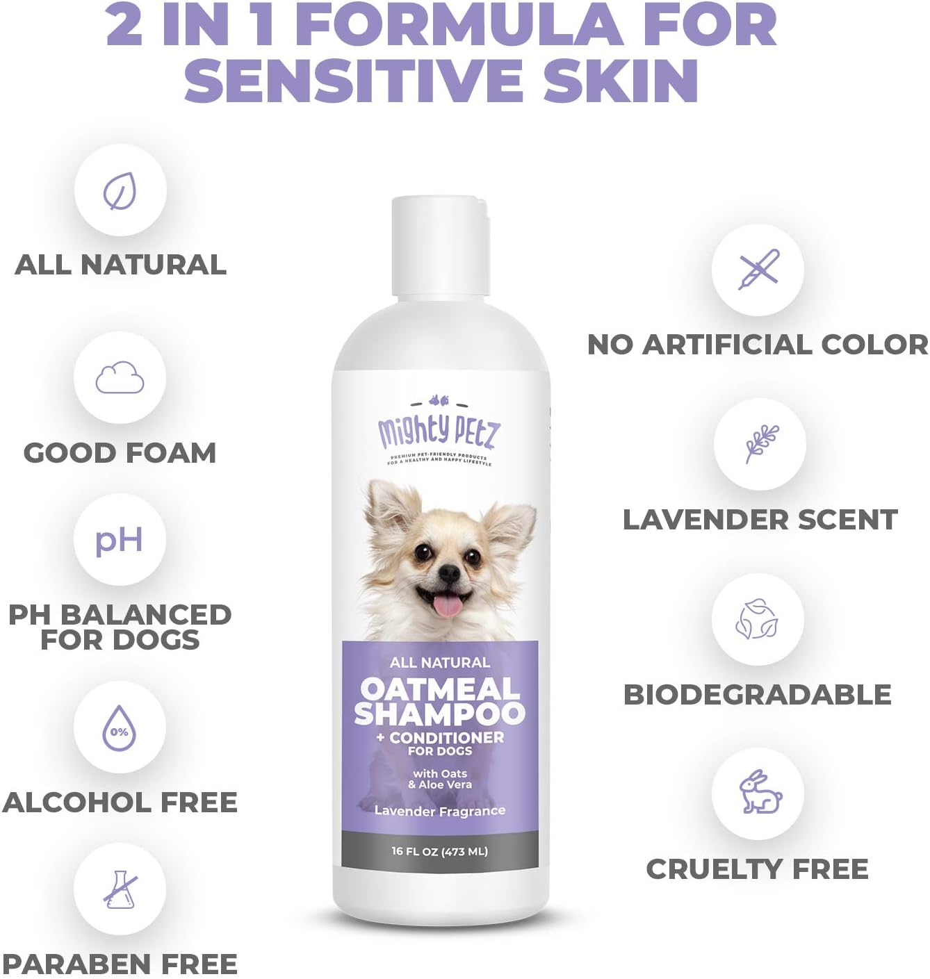 Back of Mighty Petz dog shampoo bottle showing natural ingredients
