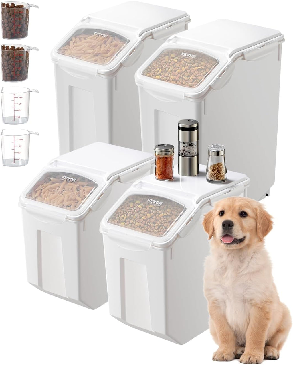 VEVOR Ingredient Storage Bin, 2 x 15L Dispenser Bin with 2 Measuring Cups, Attachable Casters and Airtight Lid, 2 Pcs/Set Dog Pet Food Storage Container, PP Material Kitchen Rice Cereal Flour Bin - Image 10