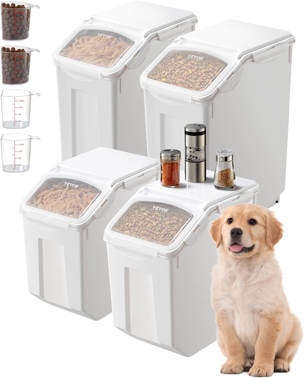 VEVOR Ingredient Storage Bin, 2 x 15L Dispenser Bin with 2 Measuring Cups, Attachable Casters and Airtight Lid, 2 Pcs/Set Dog Pet Food Storage Container, PP Material Kitchen Rice Cereal Flour Bin - Image 10