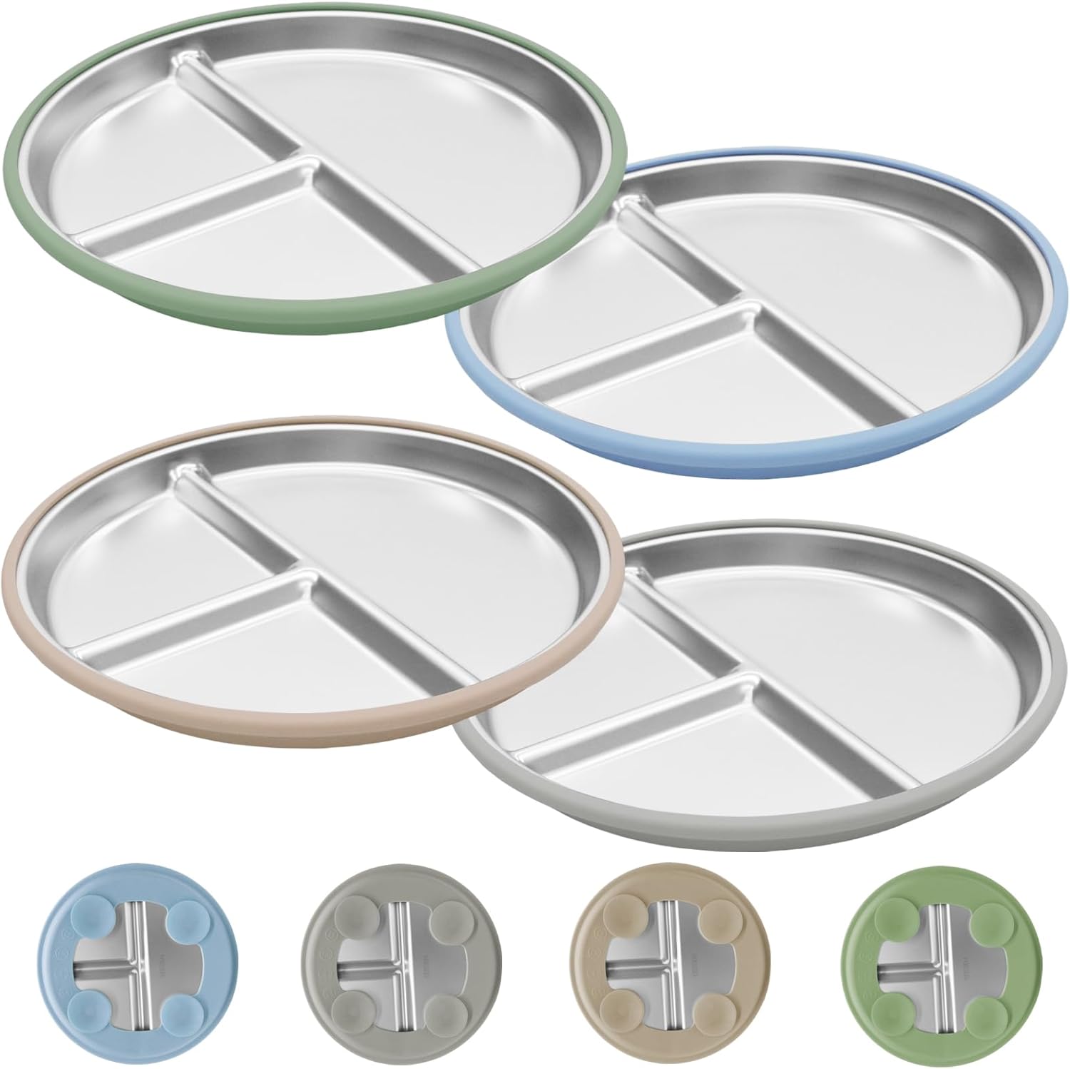 Jveoo stainless steel toddler plates with suction base front view