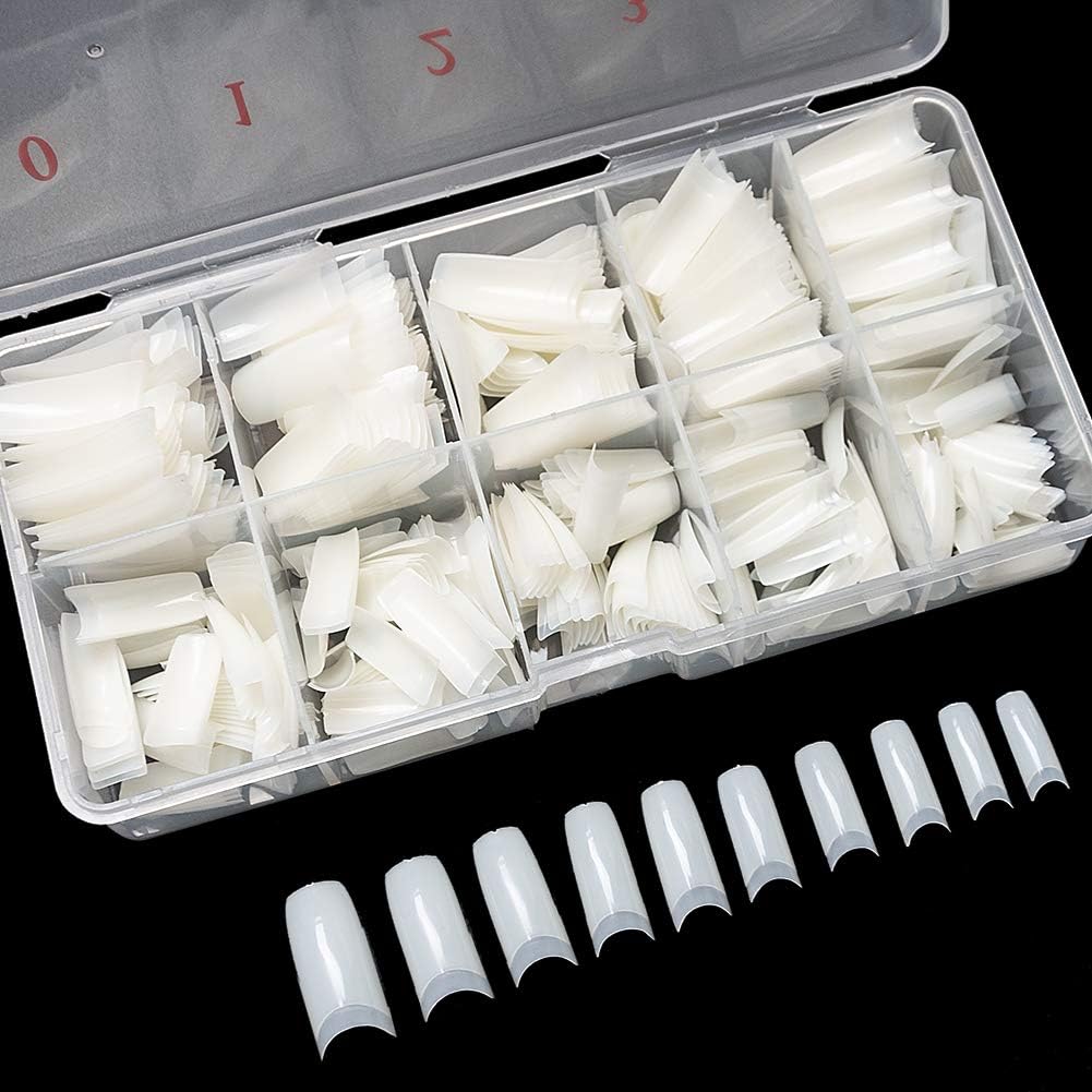 krofaue 500PCS soft gel false nails tips in a clear numbered storage box press on nails