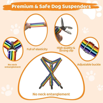 Lamiaraga rainbow stripes dog suspender strap showcasing elastic fabric flexibility.