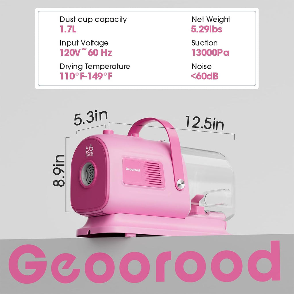 Pink geoorood pet vacuum cleaner unit showing the interchangeable grooming heads and tools.