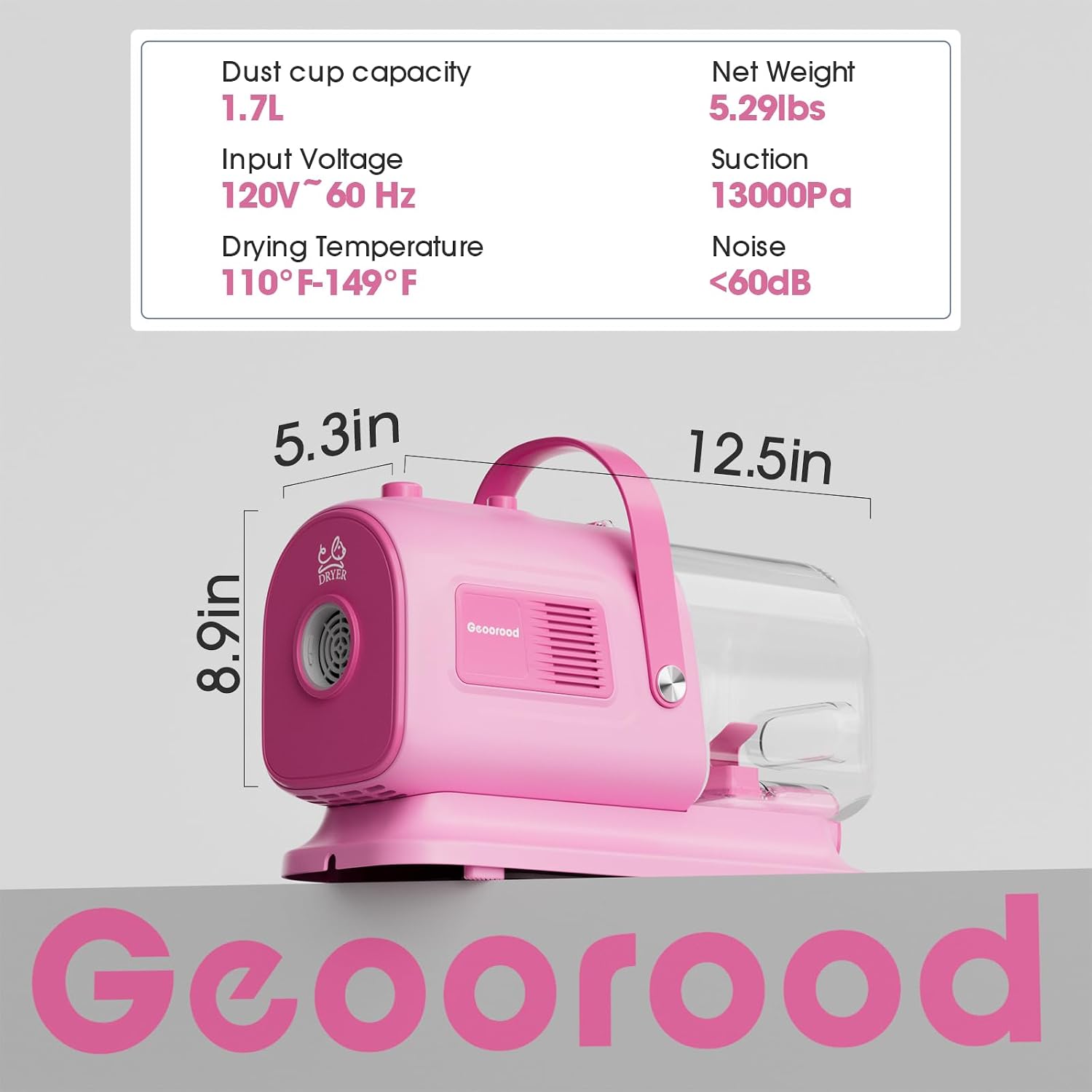 Pink geoorood pet vacuum cleaner unit showing the interchangeable grooming heads and tools.