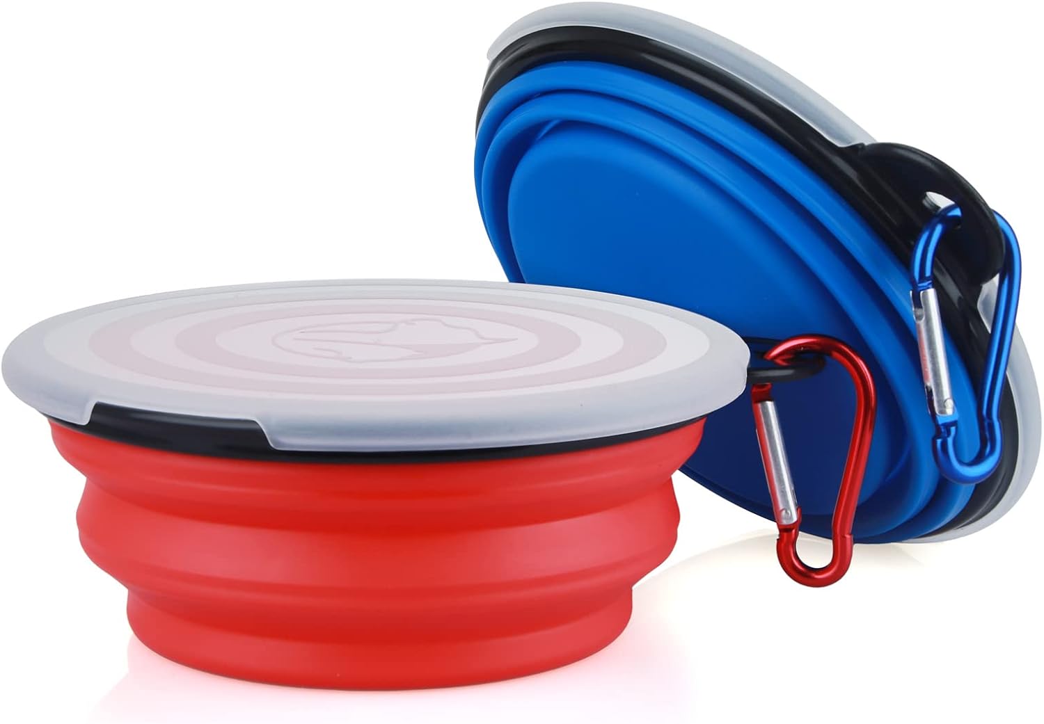 SLSON portable silicone pet feeding bowls collapsed flat with attached carabiner clips for travel.