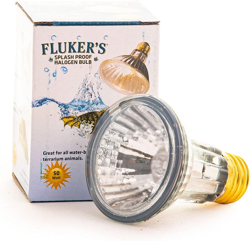 Fluker's waterproof halogen basking spotlight packaging and bulb
