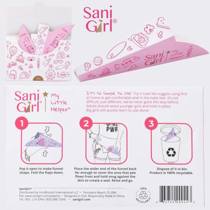 Educational diagram showing how to use SaniGirl pee funnel for girls