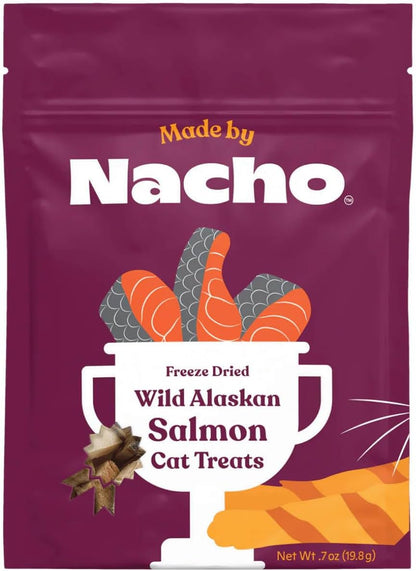Made by Nacho freeze dried chicken breast bag alongside healthy cat bowl setup