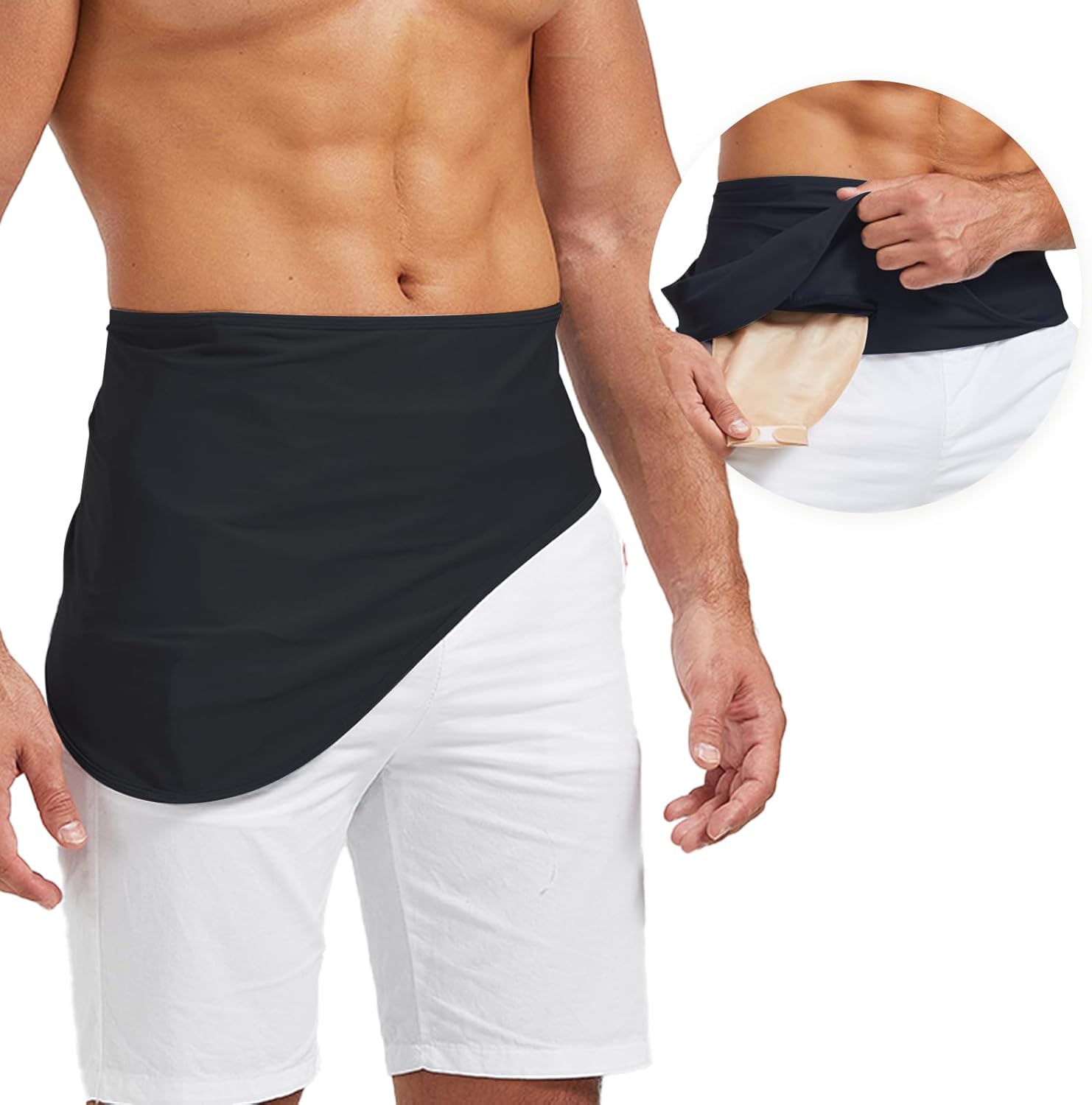 Heagimed adjustable ostomy support belt front view showing black stealth stoma wrap design.