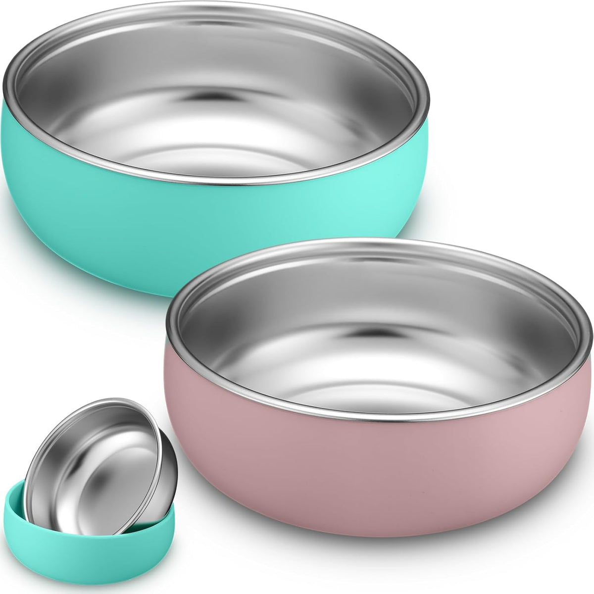 Nuogo stainless steel baby bowls pink and green front view