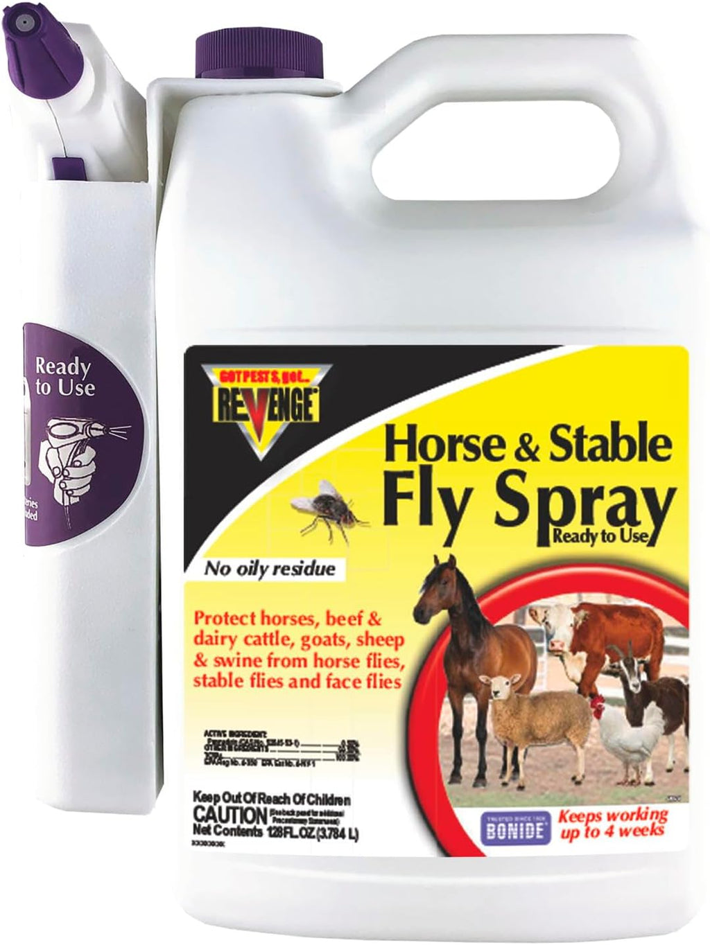 Bonide Revenge Horse and Stable Fly Spray front view of 128 fluid ounce bottle with power sprayer attachment