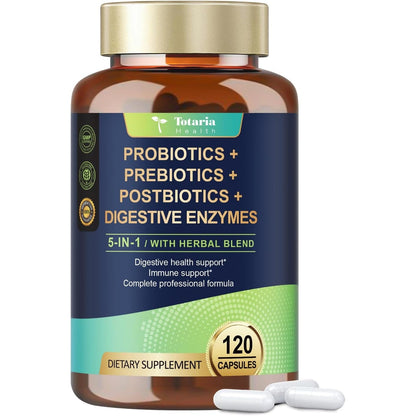 Totaria 5-in-1 probiotic prebiotic postbiotic 120 capsules front bottle view