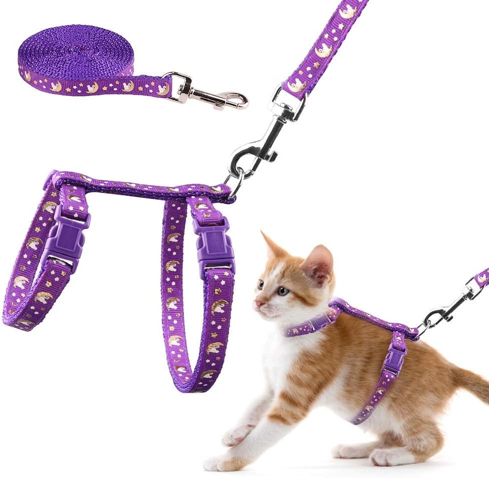 Angelpet gold moons cat harness and leash set front view purple cat vest