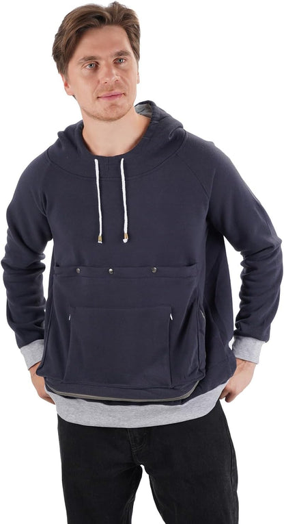 Kei Tomlison pet carrier hoodie front view showing the large front kangaroo pocket in navy blue.