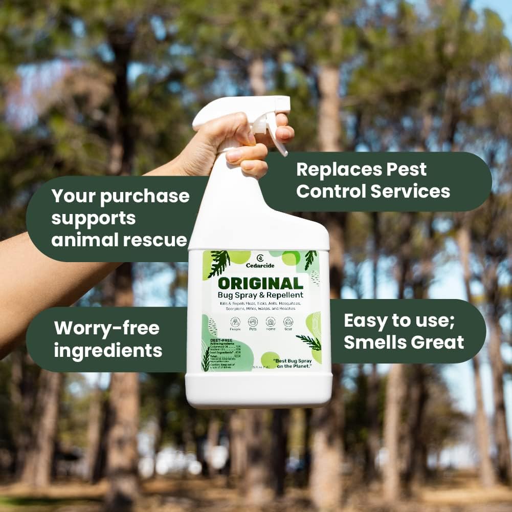 Cedarcide spray bottle showing pest control applications for pets and home