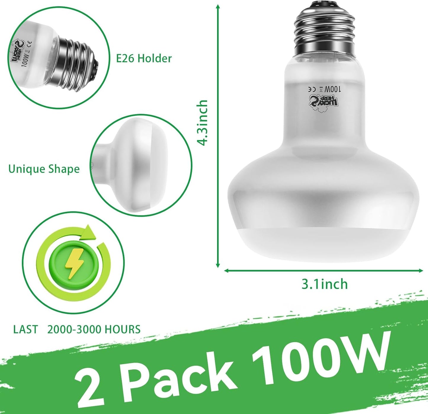 Lucky Herp reptile heat bulb highlighting the standard E26 screw base construction.