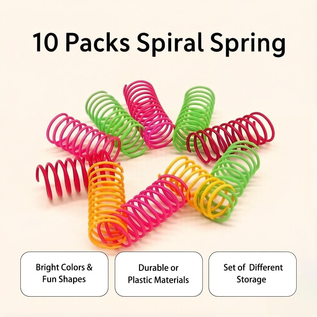 Close up of ten colorful plastic spiral springs for kittens