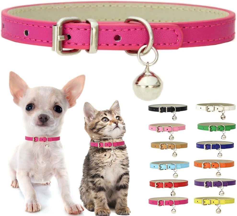 Pink XXS Cat Collar with Bell, Soft Pu Leather Puppy Collars Adjustable Buckle for XS Extra Small Medium Tiny Female Girl Pets Dogs Kitten Teacup Yorkie XX-Small - Image 11