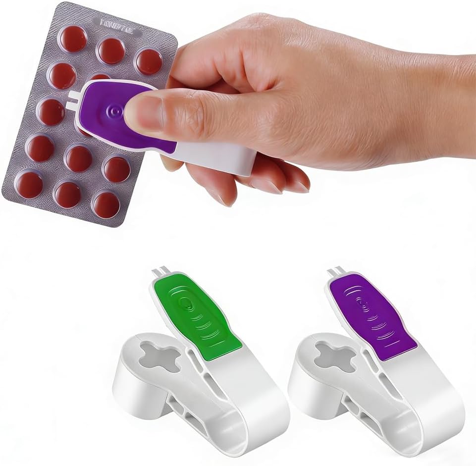 EK-Memory-Fish portable pill popper tool front view demonstrating blister pack opener function for senior arthritis hand relief