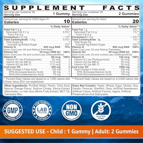 Lilicare sugar free cod liver oil supplement showing nutrition facts label with vitamins A D3 and K2