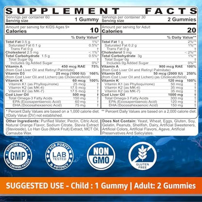 Lilicare sugar free cod liver oil supplement showing nutrition facts label with vitamins A D3 and K2