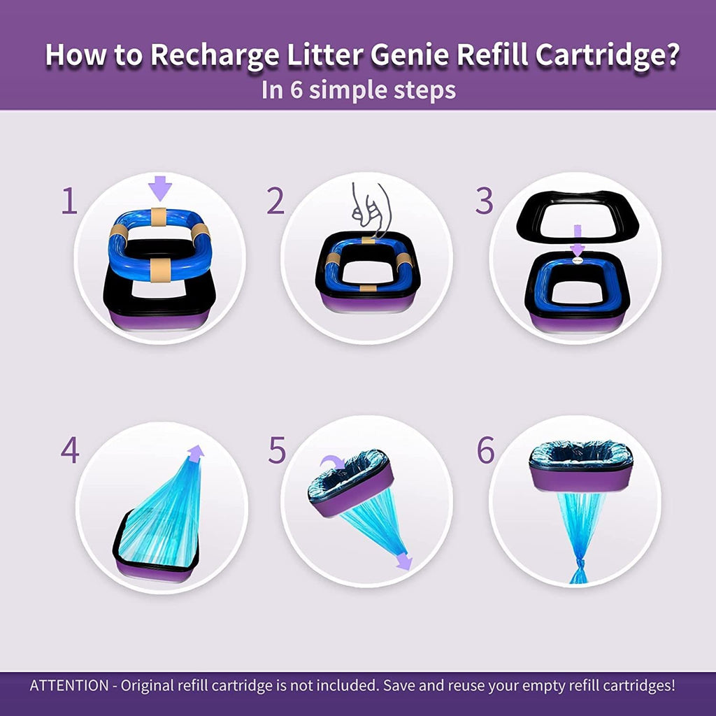 Instructional view of refilling an empty cat litter cartridge shell.
