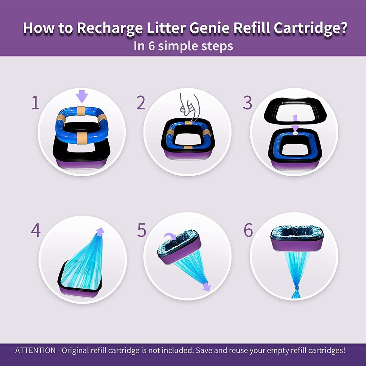 Instructional view of refilling an empty cat litter cartridge shell.