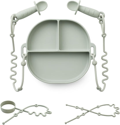 Andy Bear silicone baby suction plate set in sage green
