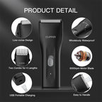 Black low noise cordless pet hair clipper with ceramic blade head.