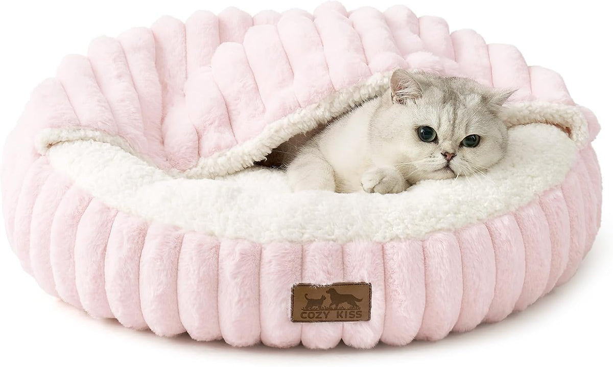 COZY KISS Hooded Blanket Cat Bed - 20"x20" Round Fluffy Donut Cuddler for Cats & Toy Dogs, Anti-Anxiety Faux Fur Pet Bed, Machine Washable with Non-Slip Bottom, Cream - Image 11