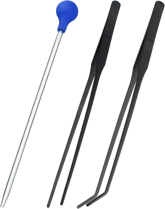 Weewooday 3 Pieces Axolotl Tank Accessories front view showing the long coral feeder tube and two black stainless steel tweezers.