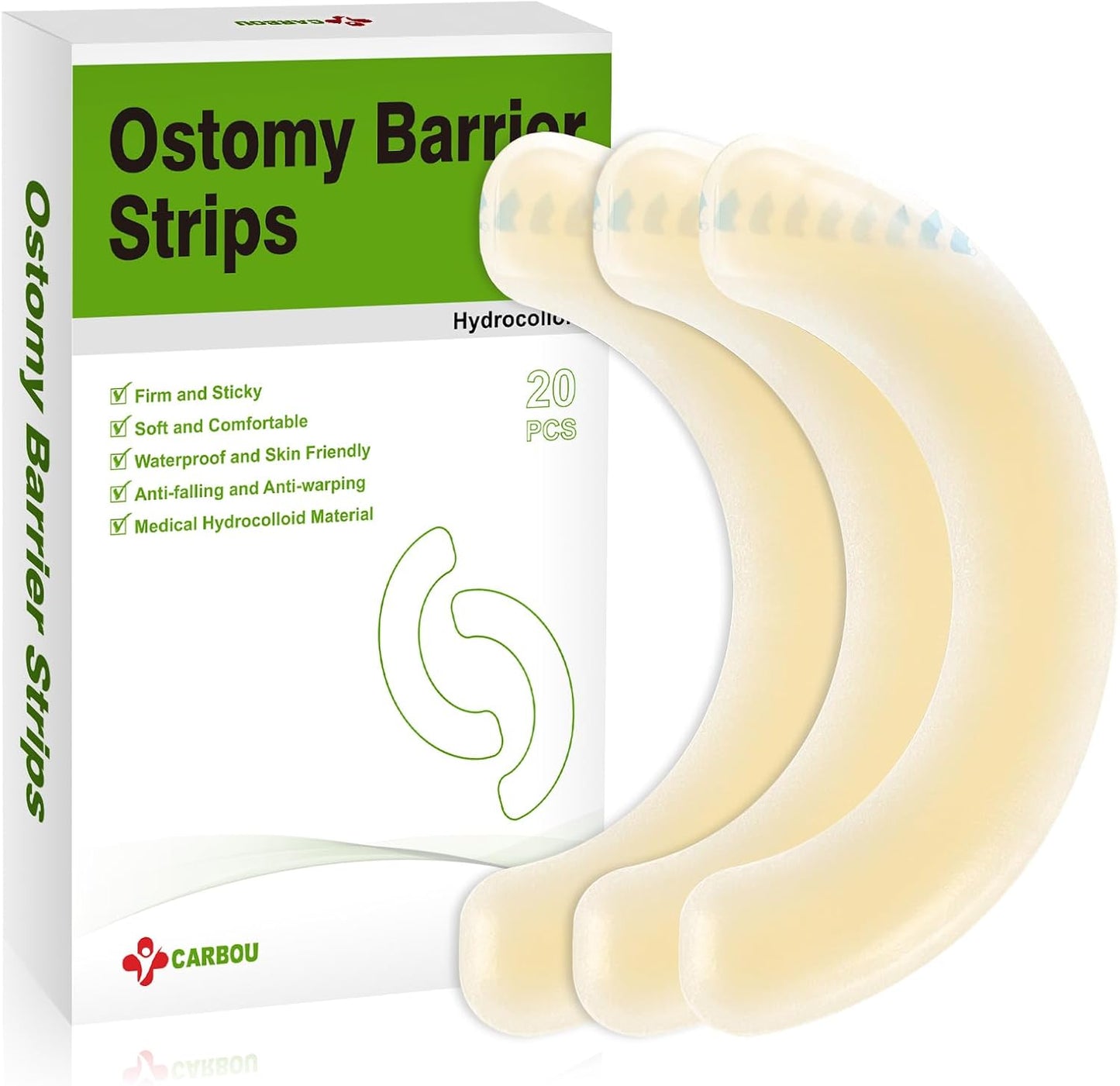 Carbou elastic ostomy barrier strips medical hydrocolloid box front view for leakproof colostomy care.