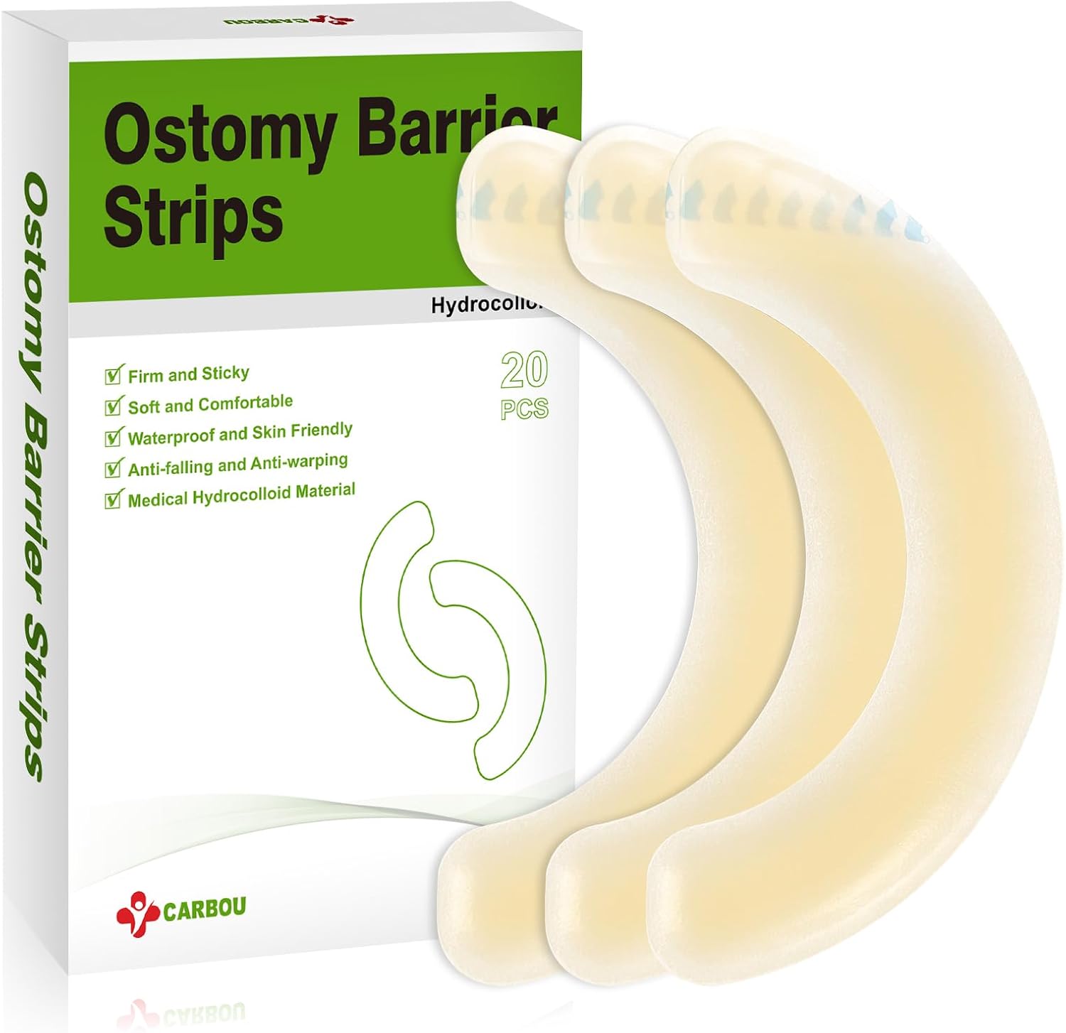 Carbou elastic ostomy barrier strips medical hydrocolloid box front view for leakproof colostomy care.