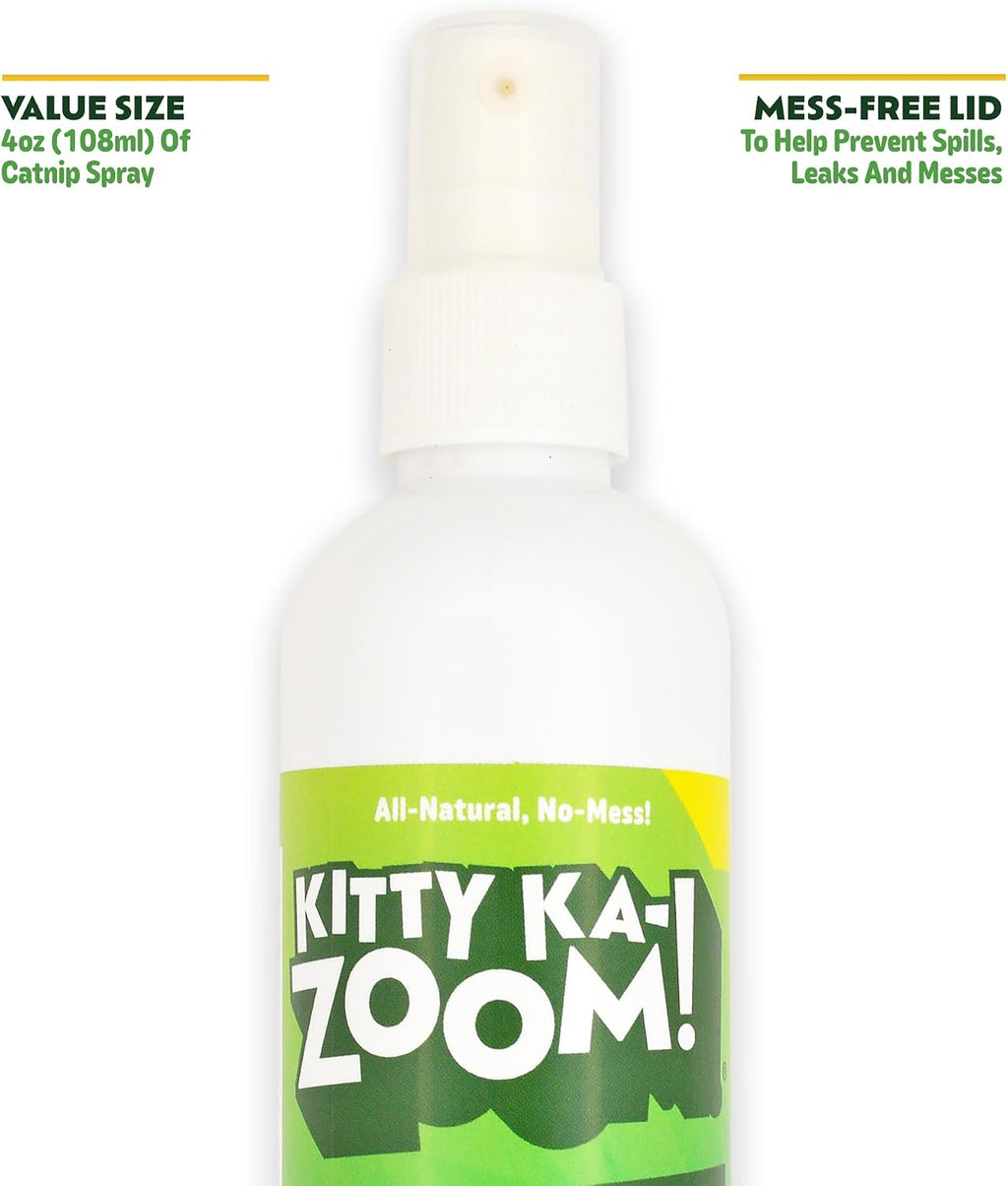 Kitty Ka-Zoom premium catnip mist bottle showing the ingredients list and clear usage directions for pet owners.