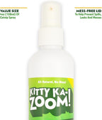 Kitty Ka-Zoom premium catnip mist bottle showing the ingredients list and clear usage directions for pet owners.