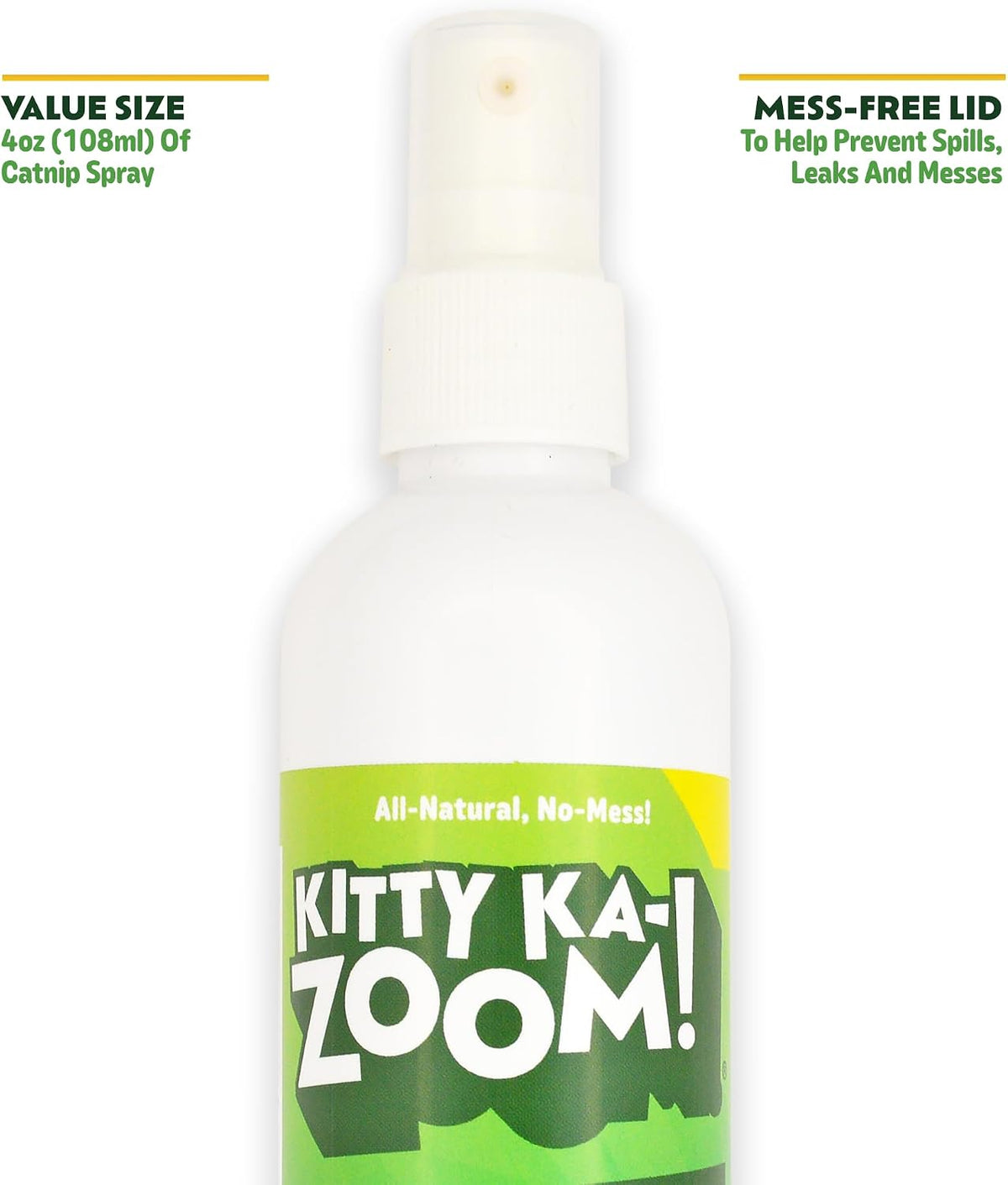 Kitty Ka-Zoom premium catnip mist bottle showing the ingredients list and clear usage directions for pet owners.
