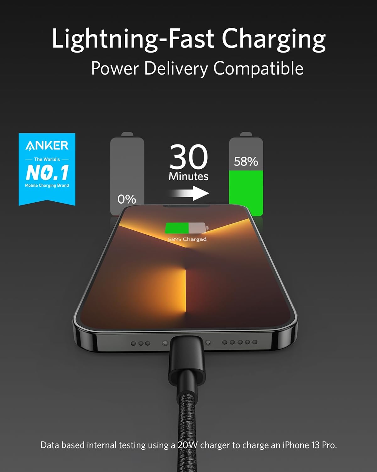 Anker heavy duty iPhone charging cord six feet length stretched out to demonstrate flexibility.