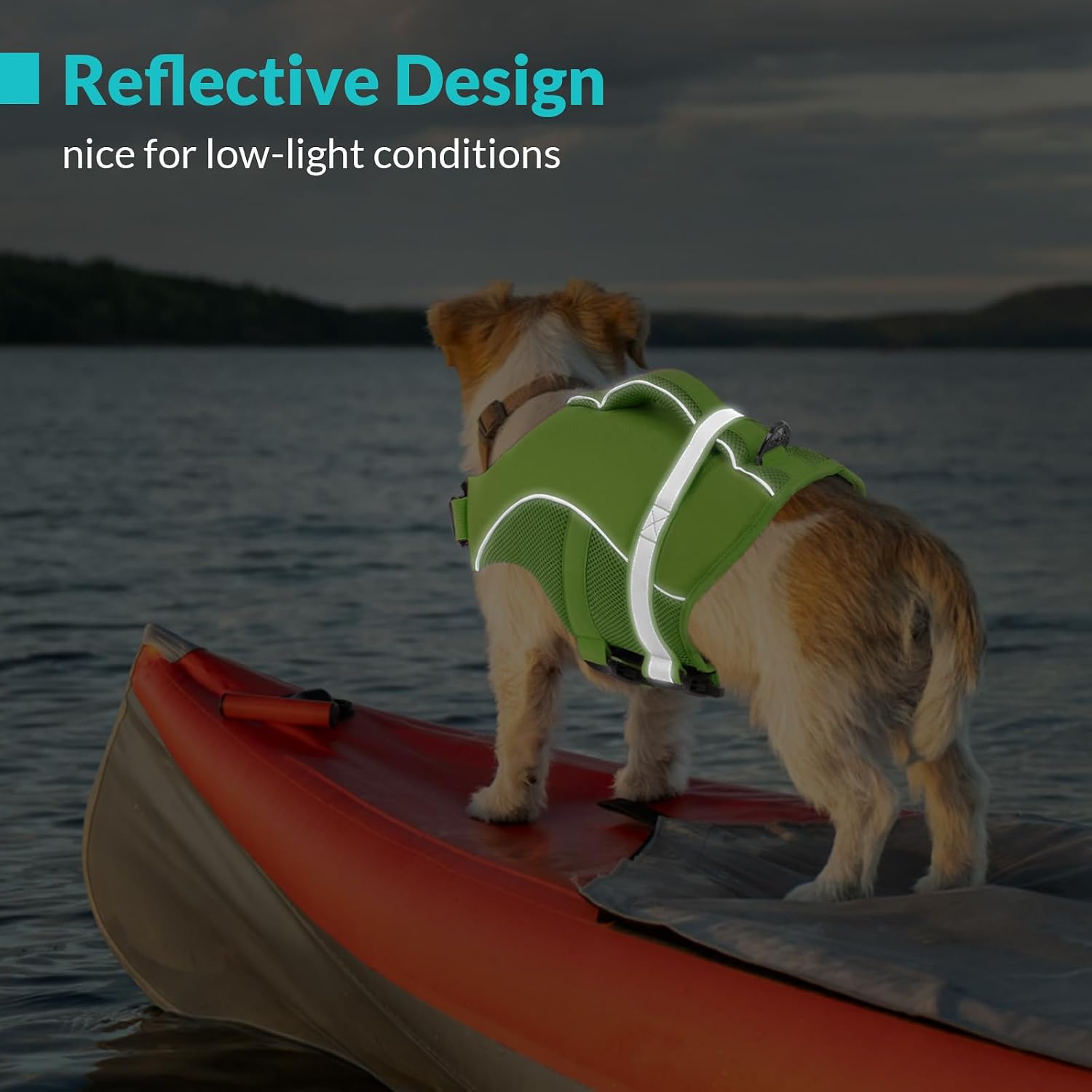 Queenmore bright green dog swimming vest showing reflective safety stripes