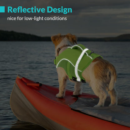 Queenmore bright green dog swimming vest showing reflective safety stripes