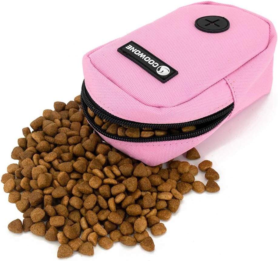 COOWONE dog treat bag showing integrated mesh poop bag dispenser feature